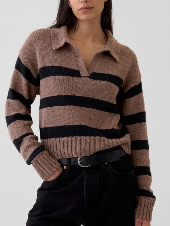 GAP Sweaters - Gap Brown Stripe Cotton V-Neck Polo Sweater Size L Petite